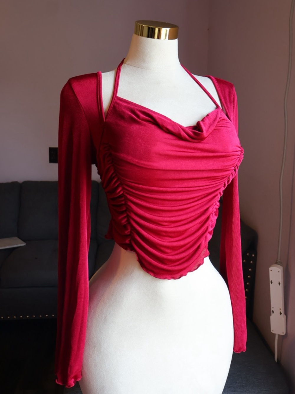 SHEIN Fuchsia Ruched Halter Crop Top